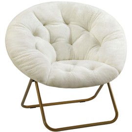 Elevon Saucer Chair Faux Fur with Soft and Thick Padded Seat Metal Frame, Modern Style Folding Cozy Chair for Living Room, Bedroom, XL, Luxe White