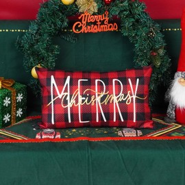 ONWAY Christmas Pillow Cover 12x20 Inch Merry Christmas Gold Red Black Buffalo Plaid Decorative Throw Pillows Farmhouse Winter Holiday Decor Cushion Case for Sofa Couch Home Decorations
