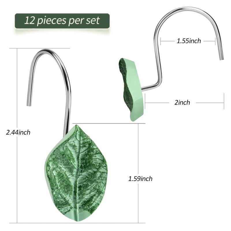 12PCS Leaves Shower Curtain Hooks, Green Plant Leaves Decorative Shower