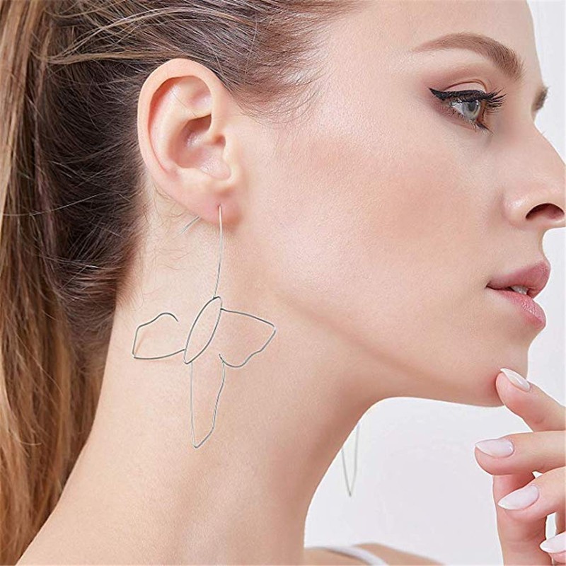 Large Bohemian Hollow Line Butterfly Earrings Gold Silver Drop Dangle