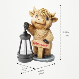 Mikilov Scottish Highland Cow Resin Statue with Solar Lantern Decoration, Garden Home Decor, Sculpture Ornament, Animal Figure for Balcony, Garden, Birthday (Golden Yellow3)