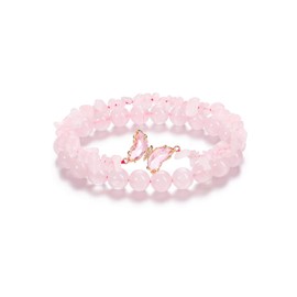 CrystalTears Rose Quartz Crystal Bracelets for Women Natural Healing Gemstone Rose Quartz Beaded Bracelet Butterfly Charms Pink Stone Layered Bracelet Gifts for Women Christmas