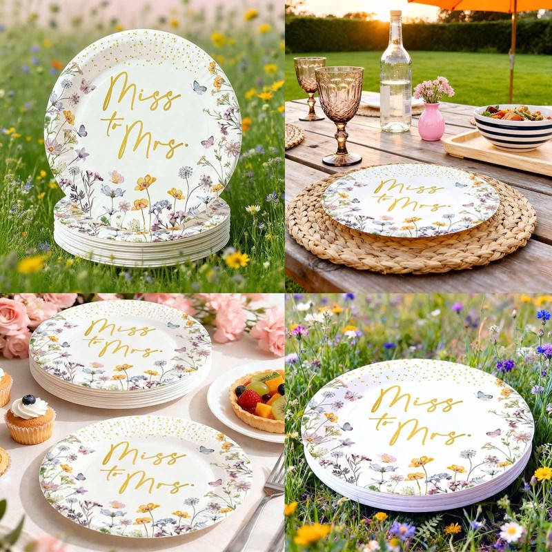 50PCS Miss to Mrs Plates 7" Wildflower Bridal Shower Disposable