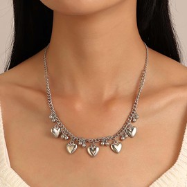 Andelaisi Boho Heart Pendant Necklace Vintage Love Hearts Dangle Necklaces Silver Puffy Hearts Chain Necklaces Cuban Chain Necklace Jewelry for Women