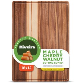 Riveira Walnut/Maple/Cherry Wood Cutting Board – Gourmet Grandeur: 18 x 12 Wooden Cutting Board – Natural Wooden Cutting Boards For Kitchen – Innovative Juice Grooves Wooden Chopping Board