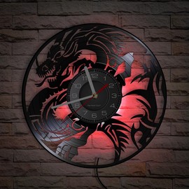 Timethink 12 Inch Dragon LED Wall Clock with 7 Colors Changing, Silent Non Ticking Vintage Flying Evil Dragon Spiritual Symbol Fantasy Vinyl Record Wall Clock Watch for Living Room Bedroom Decor