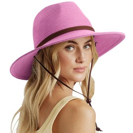 DRESHOW Women Straw Panama Hat Fedora Adjustable Summer Wide Brim Beach Sun Hat with Wind Lanyard UPF 50+