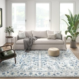 jinchan 8x10 Area Rug for Living Room Washable Soft Throw Rug Ultra-Thin Stain Resistant Non-Slip Distressed Vintage Floral Large Carpet for Bedroom,Dining Room,Home Office,Nursery(8x10ft,Blue)