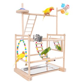 Bird Playground, Parrot Playground Parrot Perch Stand 3 Layer Bird Tree Stand with Feeder Cups, Ladder, Parakeet Mirror, Parakeet Toys and Removable Tray for Small to Medium Birds