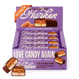 Harken The Gooey One – 12 Candy Bars - No Sugar Added, High Fiber, Gluten Free, Plant-Based Snack, Vegan Candy with Salted Date Caramel & Oat Milk Chocolate – 150 Calories