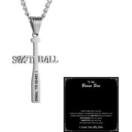 HZMAN To My Son, Stainless Steel Softball Bat Cross Necklace Pendant I CAN DO ALL THINGS Bible Verse Necklace Christmas Birthday Gift from Mom Dad (Silver)