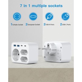 Multiple Plug for Sockets, 3 Sockets with 2 USB A and 2 USB C Socket Adapter 3680 W 16 A with 4 USB Quick Charge Multiple Socket for Phone and Household Appliances, White