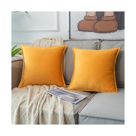 SAESR Luxurious Velvet Cushion Covers. 45 x 45 Centimetres with Invisible Zipper. Glamorous Cushion Cover for Living Room, Sofa, and Bedroom (2x Mustard Yellow)