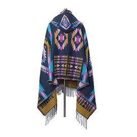 MeiPing Women's Fashion Croissant Button Bohemian Fringe Blended Cashmere Hooded Cape, Marine01