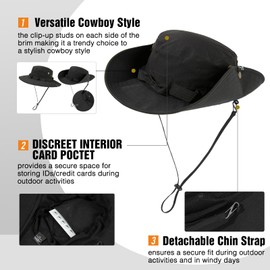 TOP-EX XL/XXL UPF 50 Wide Brim Sun Hat Men Waterproof, Lightweight & Breathable Boonie Hat, Safari Hat, Summer Outdoor Bush Hat for Fishing, Hiking Foldable & Windproof & Adjustable 63-66CM Black