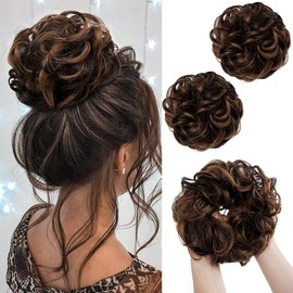 PORSMEER 2 pieces Dark Brown with Highlights Messy Hair Buns Extensions Curly Wavy Hair Elastic Easy Scrunchies for Women Girls Synthetic Donut Updo Hair Pieces Hair Chignons