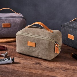 PAHVRION Canvas Toiletry Bag for Women with Genuine Leather Handle,Travel Dopp Kit,Shaving Kit Bag for Men,Water Resistant Hygiene Dopp Kit, ArmyGreen, Non-customized