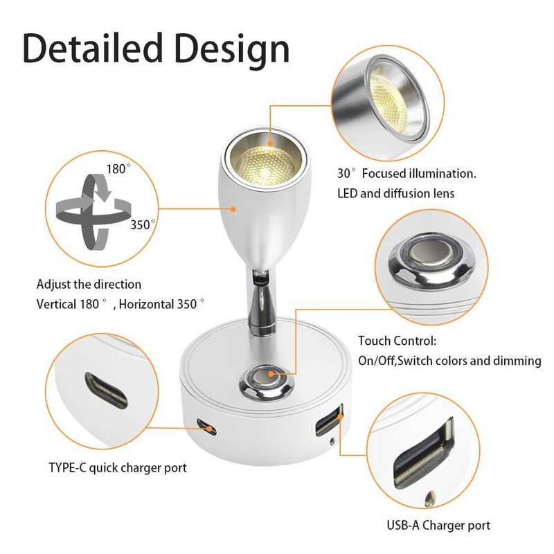 12V LED RV Reading Light with Dual Charging Ports Touch