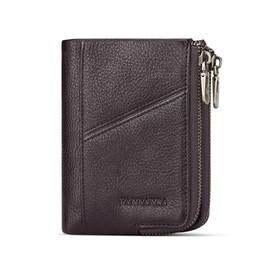 VANNANBA Men Wallets with Zipper Genuine Leather Retro Multifunction with 2 Large Zipper Pocket, 6 Card Slots