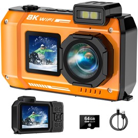 SPUNALP UHD 8K Underwater Camera, 70MP 33FT WiFi Waterproof Digital Camera with 64GB Card, Auto Focus Waterproof Dual-Screen Selfie 2500mAh Battery, 18X Floatable Digital for Snorkeling, Orange