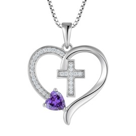 PYNZY 925 Sterling Silver Cross Pendant for Women, Heart Necklace with Created Amethyst Birthstone Christian Baptism Jewelry Gifts for Women