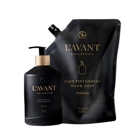 L'avant Collective Hand Soap & Refill Bundle Fresh Linen | High Performing with Aloe Leaf Juice Notes of Bamboo, Ylang Ylang, Jasmine, Geranium, Sage Reusable Glass Bottle Kitchen Home Decor Gifts