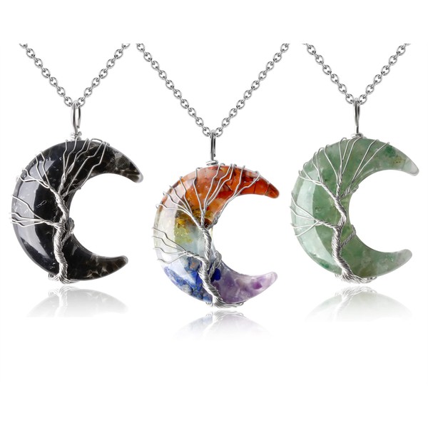 MAIBAOTA 3 Pcs Moon Necklaces Set Tree Life Wire Wrapped Crescent 7 Chakra Healing Crystal Black Obsidian Green Aventurine Stone Pendant Necklaces Natural Resin Reiki Gemstone Jewelry for Women