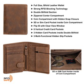 DiLoro Mens Full Size Large Capacity Genuine Full Grain Leather Wallet Bifold Flip ID Coin & Zip Pockets RFID Blocking Anti-Theft (Dark Hunter Brown)