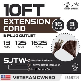 Iron Forge Cable 10 Ft Brown Extension Cord with 3 Outlets,16/3 SJTW Heavy Duty Outdoor Extension Cord Multiple Outlets 3 Prongs, 13 Amp Weatherproof Cable for Patio, Garden, Lawn, Lights Decoration