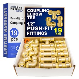 New Age America® 19pc 1/2" Pushfit Fittings AquaFlow 360™ | 6 Elbow + 6 Tee + 6 Coupling & 1 Removal Tool | 1/2 Inch | Brass | Push-To-Connect | Lead-Free Fittings Bundle | NSF/ANSI & UPC Certified