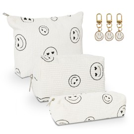 KATIMI Pack of 3 Cosmetic Bag Small Medium Large Smiley Toiletry Bag Women's Corduroy Make Up Bag with Smiley Key Ring Makeup Bag with Zip Make Up Bag for Toiletries, cream-coloured, Popular Style