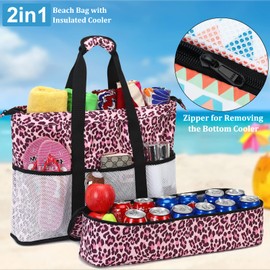 JIANYA Beach Bag Women Waterproof Sandproof Beach Tote Bags with Cooler Top Zipper Large Totes for Beach Pool Travel Daily, Leopard Pink