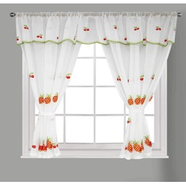 Householdfurnishing Embroidered Kitchen Window Pair Curtains Set Rod Pocket with Attached Valance & Tiebacks (Red White, W 48 x L 48 Inch)