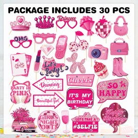 30Pcs Pink Girl Birthday Photo Booth Props with Sticks,Hot Pink Girls Birthday Party Decoration Supplies for Girls Women Disco Night Bachelorette Party Photo Booth Props