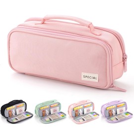 BOZIEE Pencil Case 3 Compartments Large Capacity Pencil Case Pencil Case with Carry Handle for School, Office, Teenagers, Adults, pink, pencil case