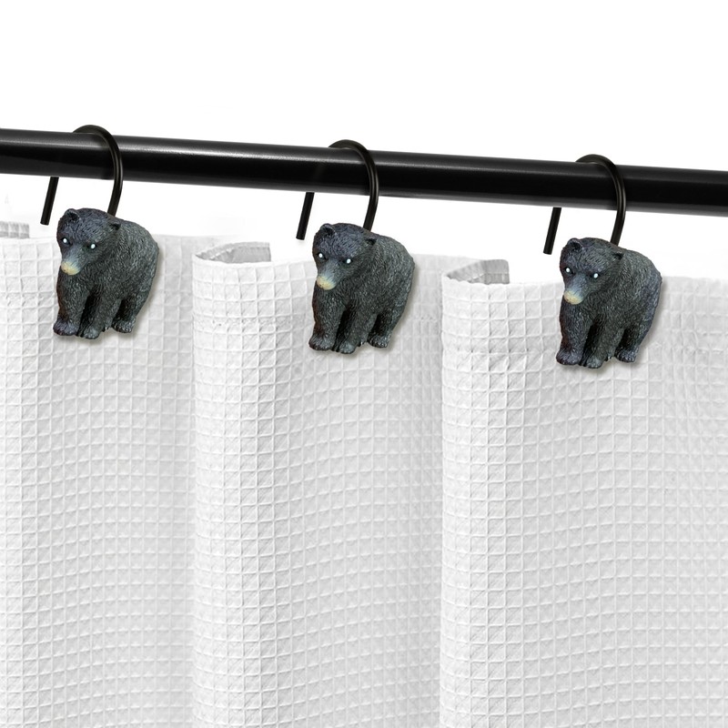 Sunlit Rustic Decorative Shower Curtain Hooks, Black Bear Shower Curtain