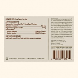 Cave Pets, Super Blend Powder, Mushroom Mycelium and Dog Probiotic Supplement for Brain and Digestive Health Support, Lion’s Mane & Probiotics, 90 Servings