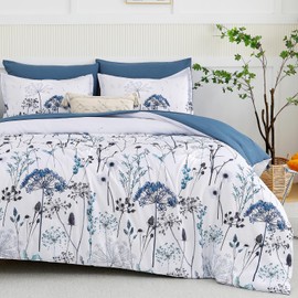Yiran 7 Piece Blue Dandelion Botanical Comforter Set Queen Size, Floral Plant Comforter Bedding Set, Bed in a Bag Queen, Soft Microfiber Complete Bedding Set with Sheets for All Season