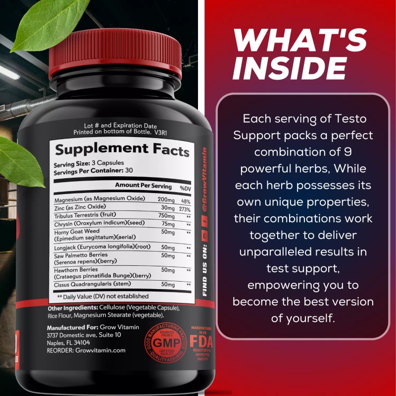 Grow Vitamin PREMIUM MEN TEST SUPPORT CAPLETS - Stamina, Endurance,