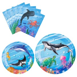 WERNNSAI Ocean Party Plates and Napkins Set - 48 Pcs Ocean Theme Party Decorations for Boys Kids Under the Sea Party Tableware Set for 16 Guests Sea Animal Underwater Birthday Baby Shower Party
