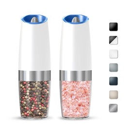 KIARYUOLL Gravity Electric Salt And Pepper Grinder Set, Automatic Salt And Pepper Grinder Set, Battery Powered (6 AAA Batteries Each), Adjustable Roughness, LED Light, 2 Pack, (White)