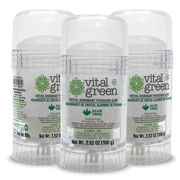Vital Green Crystal Potassium Alum Deodorant with Aloe Vera – Unscented Mineral Deodorant for Sensitive Skin - 3.53 oz / 100 g (3 Units)