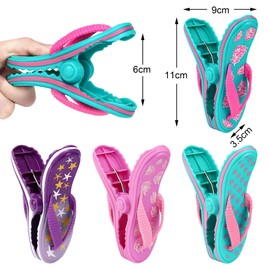 4 Pack Beach Towel Clips, Multicolor Slipper Pattern Beach Towel Pegs, Strong Beach Chair Hanger Clips Clothes Clip Large Novelty Sunbed for Lanyards Beach Chairs Home Patio Pool Boat Supplies