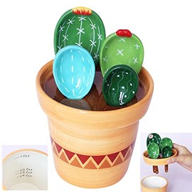 Cactus Measuring Spoons Set in Pot Ceramic Baking Measuring Spoons Cup with Holder for Dry Wet Ingredients Cute Cactus Figurine Dishwasher Safe 1 Tbsp 1 TSP 1/2 TSP 1/4 TSP 1 Cup Unique Gift