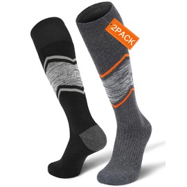 FITRELL 2 Pack Men's and Women's Ski Socks Full Cushioned Winter Merino Wool Thermal Knee High Warm Socks for Skiing Snowboarding, Black+Grey Orange, L, Shoe Size 9-12