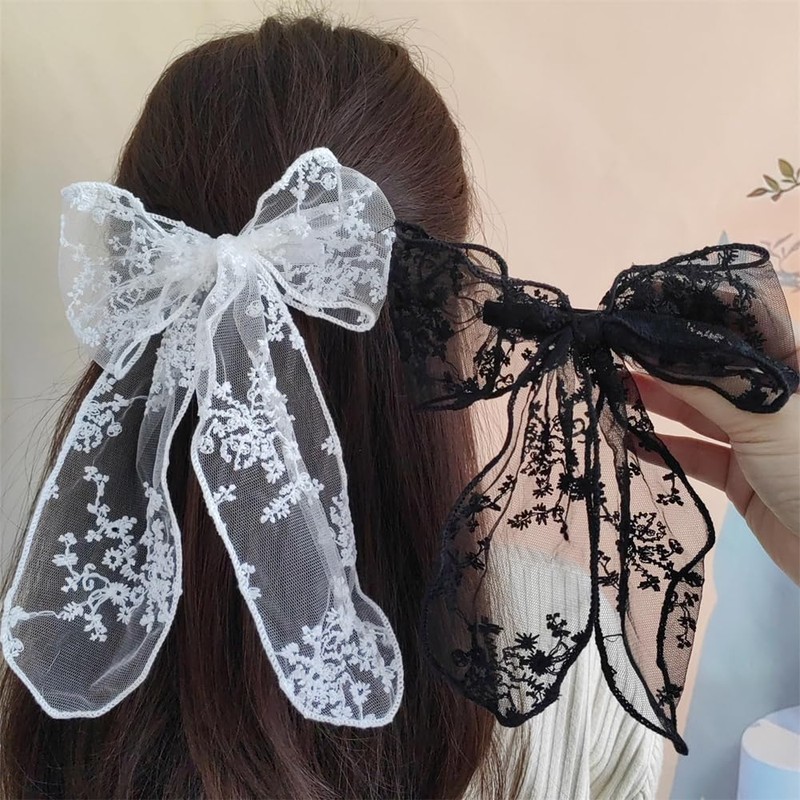 2Pcs Black White Lace Large Bow Hair Clips Cute Bowknot