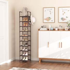 LANTEFUL Tall Shoe Rack 10-Tier Narrow Shoe Shelf Storage for 10-15 Pairs Shoe and Boot, Sturdy Shoe Storage Space Saving Corner Shoe Rack Organizer for Closet, Entryway, Living Room, Brown