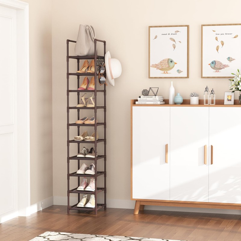 LANTEFUL Tall Shoe Rack 10-Tier Narrow Shoe Shelf Storage for