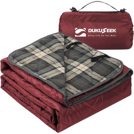 DUKUSEEK Large Outdoor Waterproof Blanket, Warm Fleece Blanket with Hood Windproof for Cold Weather, Camping Stadium, Beaches, Picnics, Dogs, Car (Red Blue Plaid)