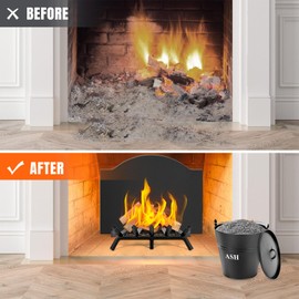 Ash Bucket with Lid, Shovel, and Broom - 3.5-Gallon Metal Ash Can for Fireplaces, Wood Stoves, and Fire Pits